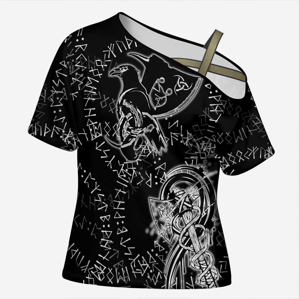 Norse Dragon and Viking Axe Cross Shoulder Shirt Monochrome Runic Line Art Illustration