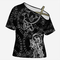 Norse Dragon and Viking Axe Cross Shoulder Shirt Monochrome Runic Line Art Illustration
