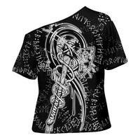 Norse Dragon and Viking Axe Cross Shoulder Shirt Monochrome Runic Line Art Illustration