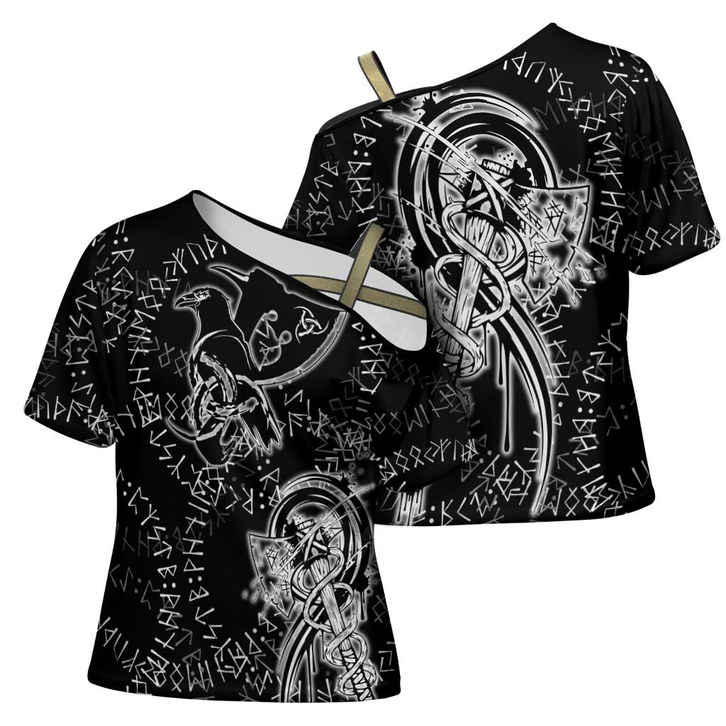 Norse Dragon and Viking Axe Cross Shoulder Shirt Monochrome Runic Line Art Illustration