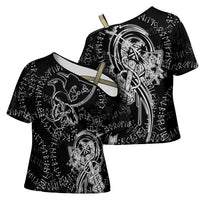 Norse Dragon and Viking Axe Cross Shoulder Shirt Monochrome Runic Line Art Illustration