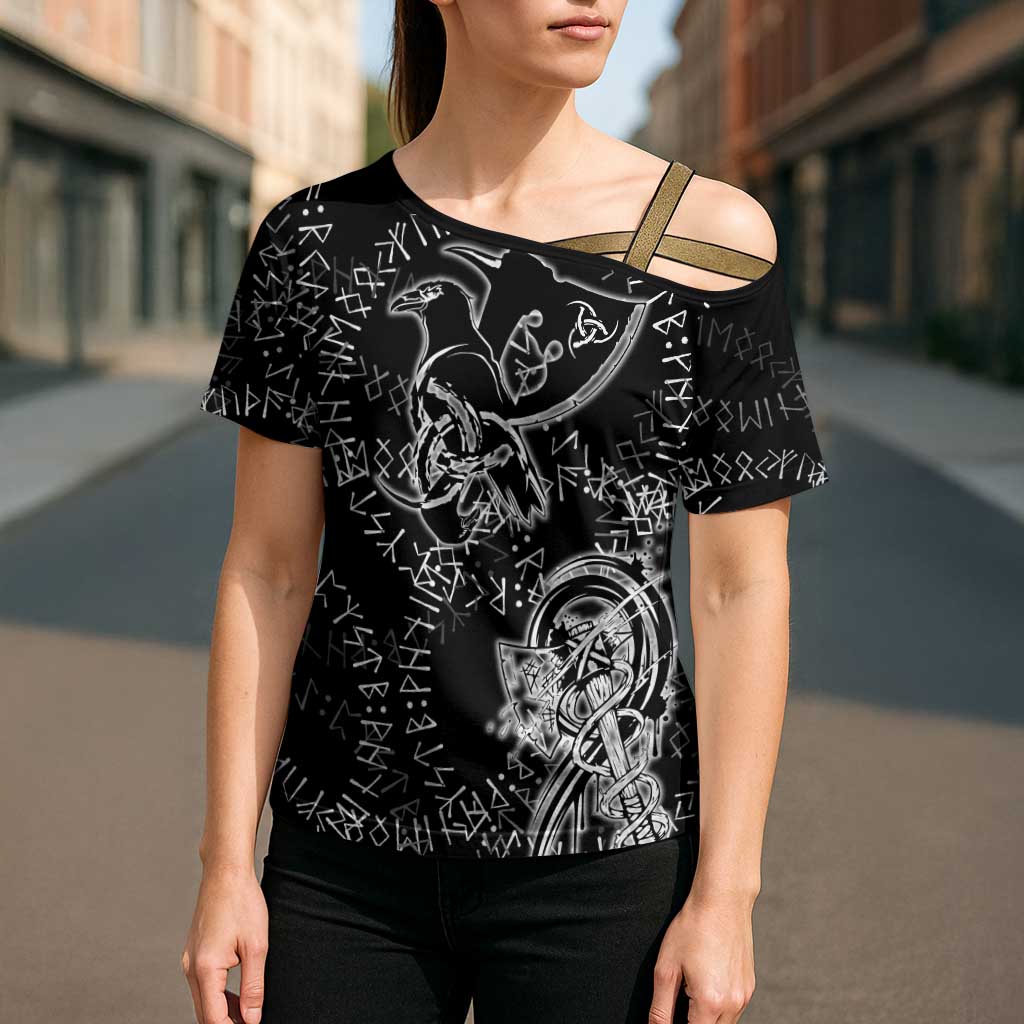 Norse Dragon and Viking Axe Cross Shoulder Shirt Monochrome Runic Line Art Illustration