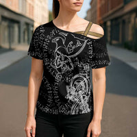 Norse Dragon and Viking Axe Cross Shoulder Shirt Monochrome Runic Line Art Illustration