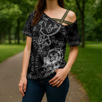 Norse Dragon and Viking Axe Cross Shoulder Shirt Monochrome Runic Line Art Illustration