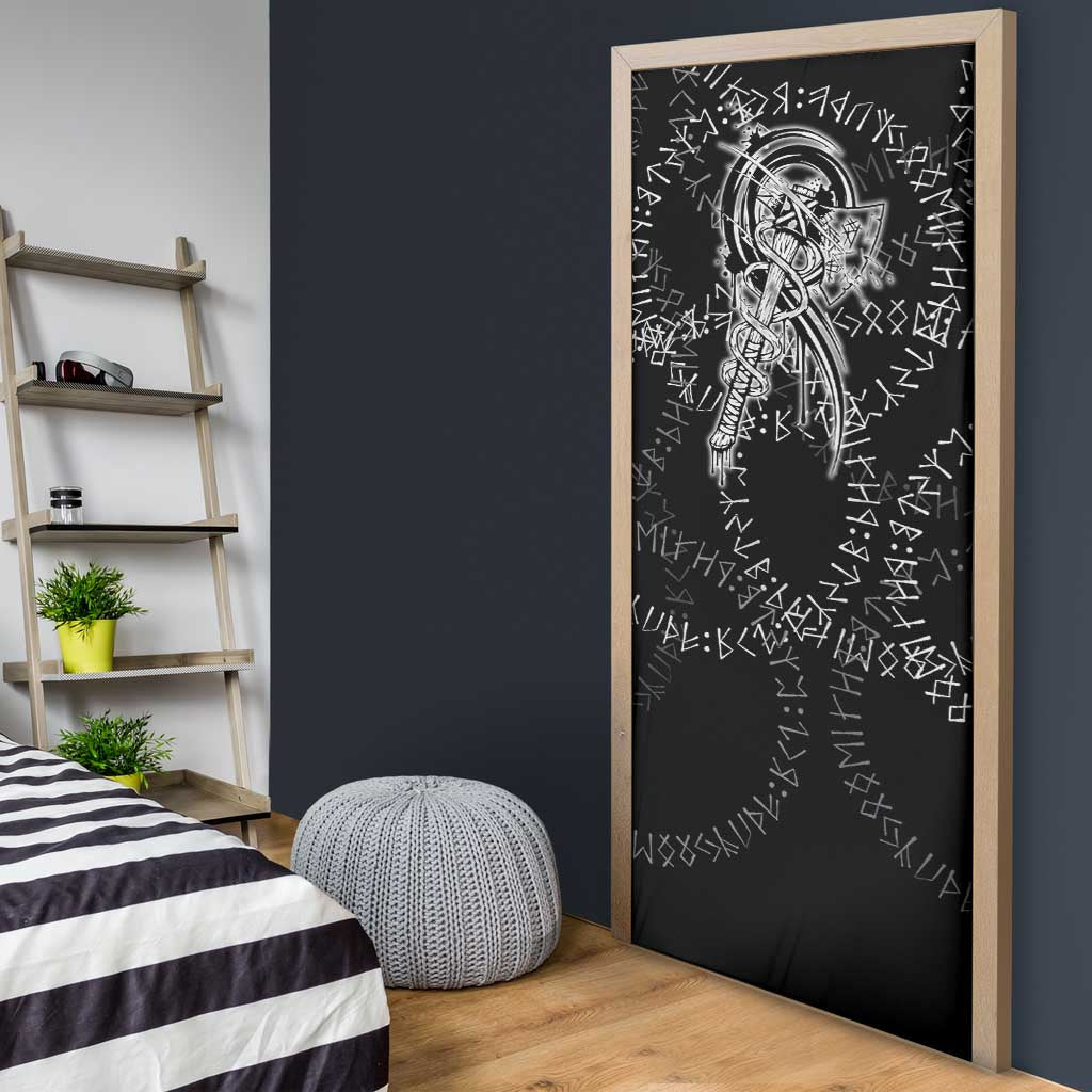 Norse Dragon and Viking Axe Door Cover Monochrome Runic Line Art Illustration