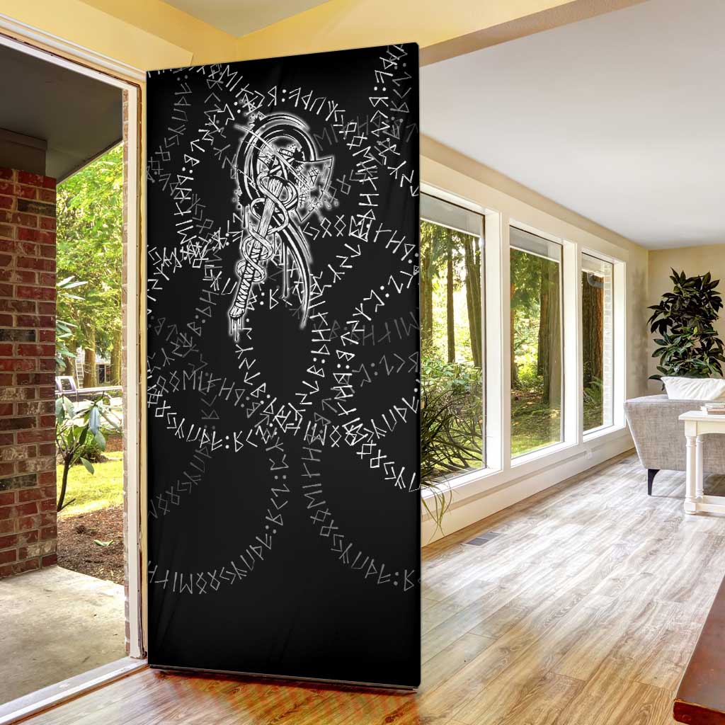 Norse Dragon and Viking Axe Door Cover Monochrome Runic Line Art Illustration