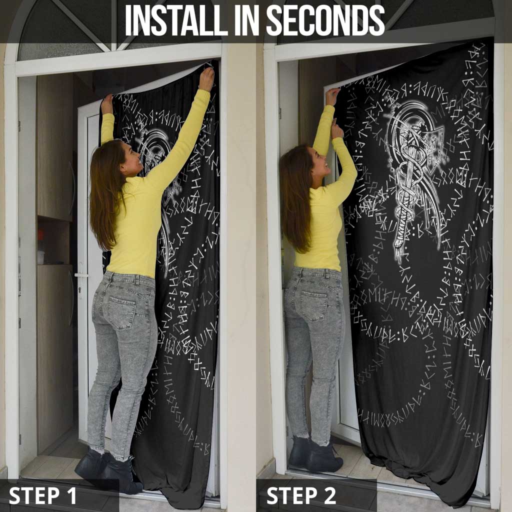 Norse Dragon and Viking Axe Door Cover Monochrome Runic Line Art Illustration