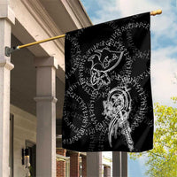 Norse Dragon and Viking Axe Garden Flag Monochrome Runic Line Art Illustration