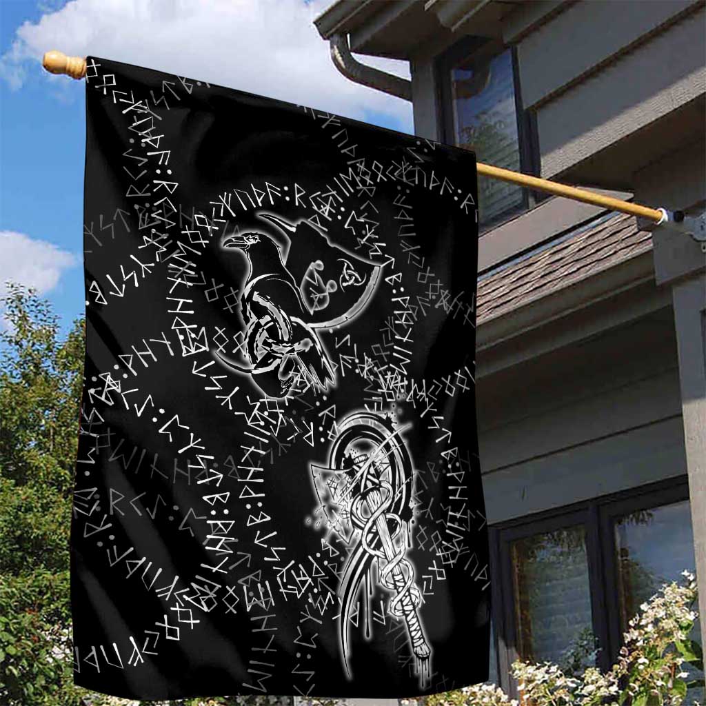 Norse Dragon and Viking Axe Garden Flag Monochrome Runic Line Art Illustration