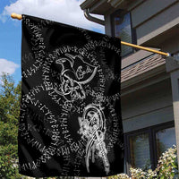 Norse Dragon and Viking Axe Garden Flag Monochrome Runic Line Art Illustration