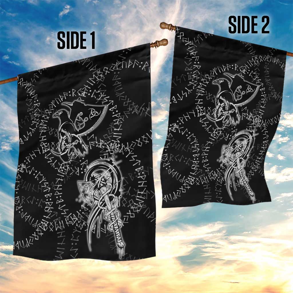 Norse Dragon and Viking Axe Garden Flag Monochrome Runic Line Art Illustration