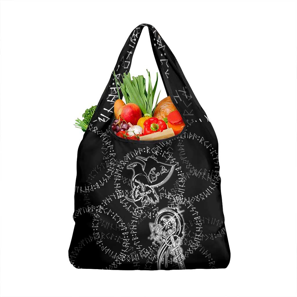 Norse Dragon and Viking Axe Grocery Bag Monochrome Runic Line Art Illustration