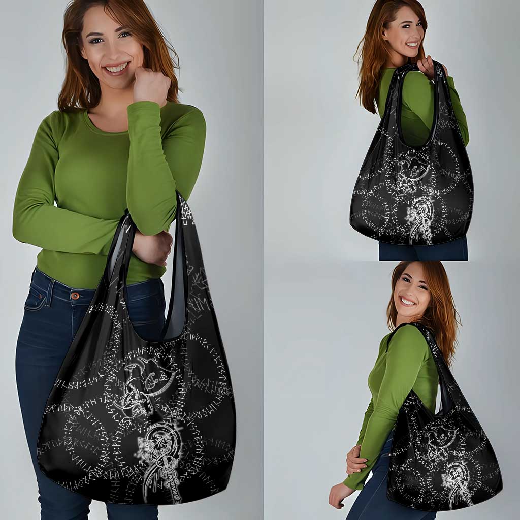 Norse Dragon and Viking Axe Grocery Bag Monochrome Runic Line Art Illustration