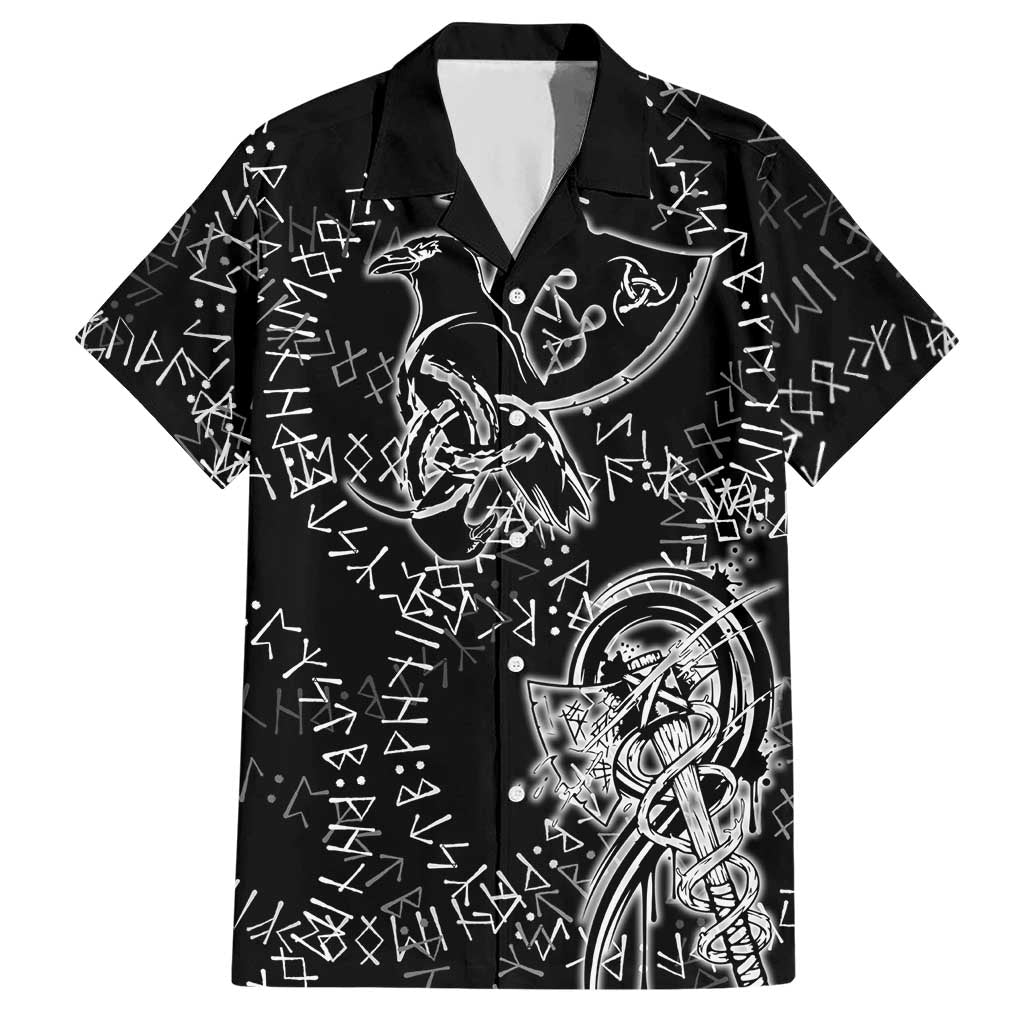 Norse Dragon and Viking Axe Hawaiian Shirt Monochrome Runic Line Art Illustration