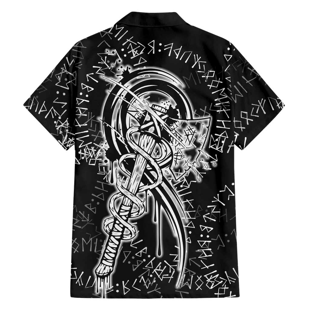 Norse Dragon and Viking Axe Hawaiian Shirt Monochrome Runic Line Art Illustration