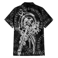 Norse Dragon and Viking Axe Hawaiian Shirt Monochrome Runic Line Art Illustration
