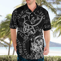 Norse Dragon and Viking Axe Hawaiian Shirt Monochrome Runic Line Art Illustration