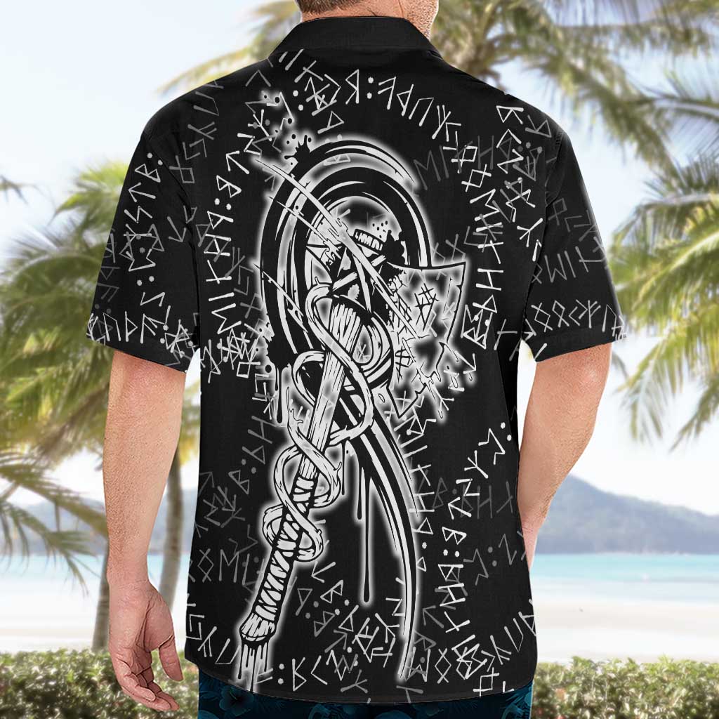 Norse Dragon and Viking Axe Hawaiian Shirt Monochrome Runic Line Art Illustration