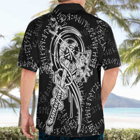 Norse Dragon and Viking Axe Hawaiian Shirt Monochrome Runic Line Art Illustration