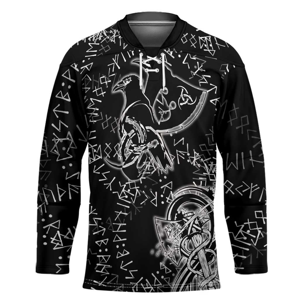 Norse Dragon and Viking Axe Hockey Jersey Monochrome Runic Line Art Illustration