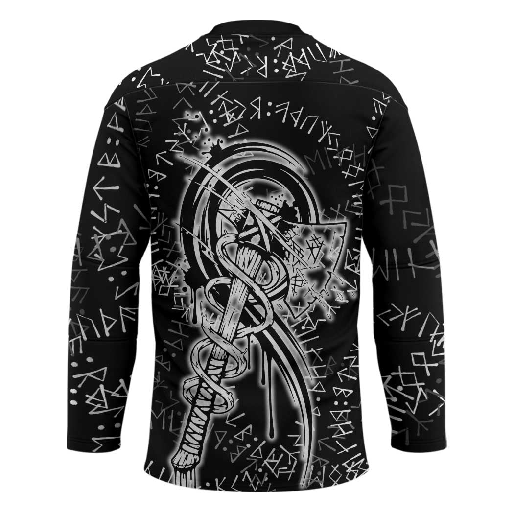 Norse Dragon and Viking Axe Hockey Jersey Monochrome Runic Line Art Illustration