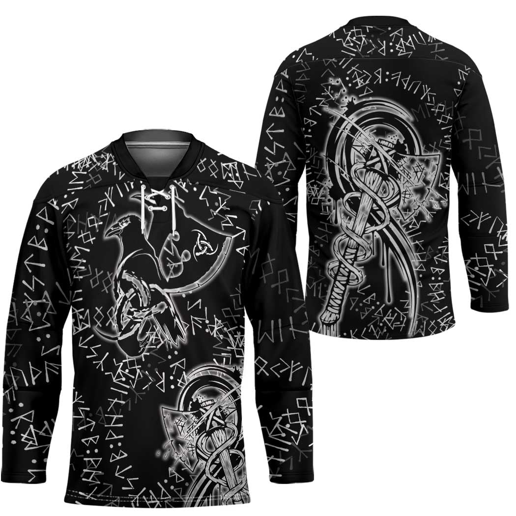 Norse Dragon and Viking Axe Hockey Jersey Monochrome Runic Line Art Illustration