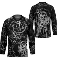 Norse Dragon and Viking Axe Hockey Jersey Monochrome Runic Line Art Illustration
