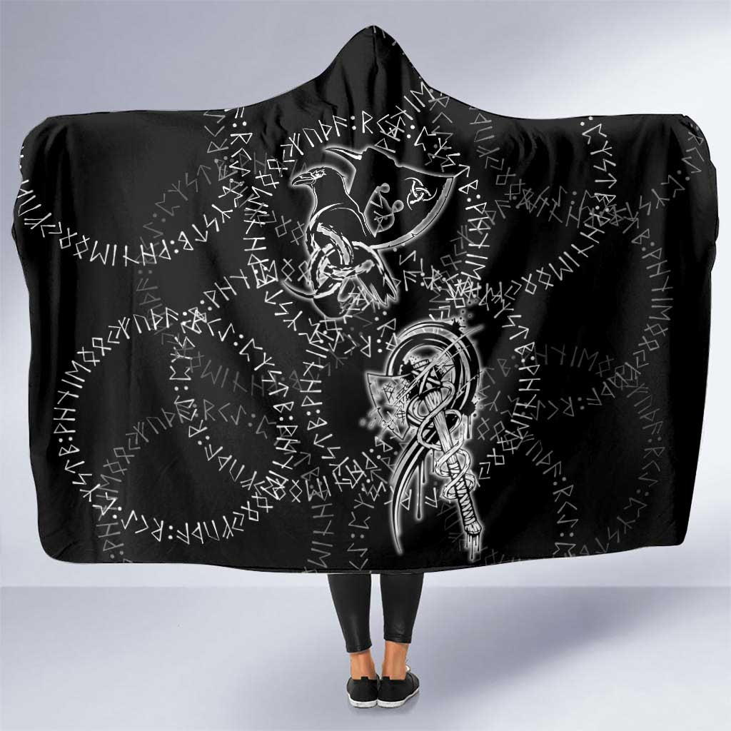Norse Dragon and Viking Axe Hooded Blanket Monochrome Runic Line Art Illustration