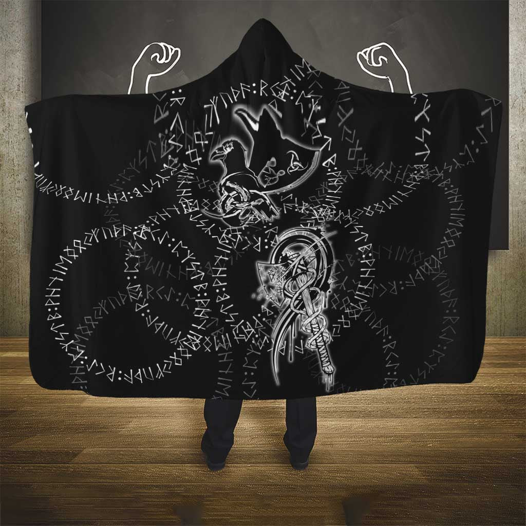 Norse Dragon and Viking Axe Hooded Blanket Monochrome Runic Line Art Illustration