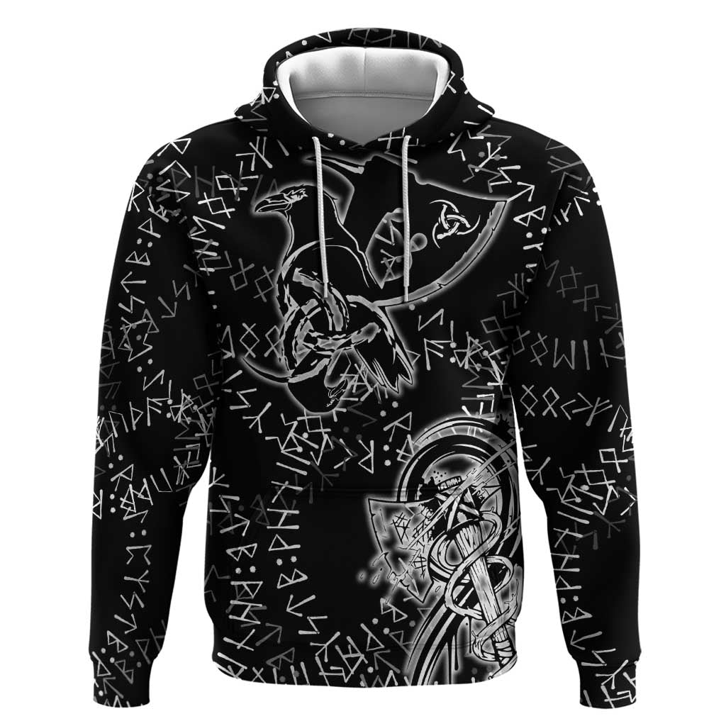 Norse Dragon and Viking Axe Hoodie Monochrome Runic Line Art Illustration