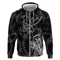 Norse Dragon and Viking Axe Hoodie Monochrome Runic Line Art Illustration