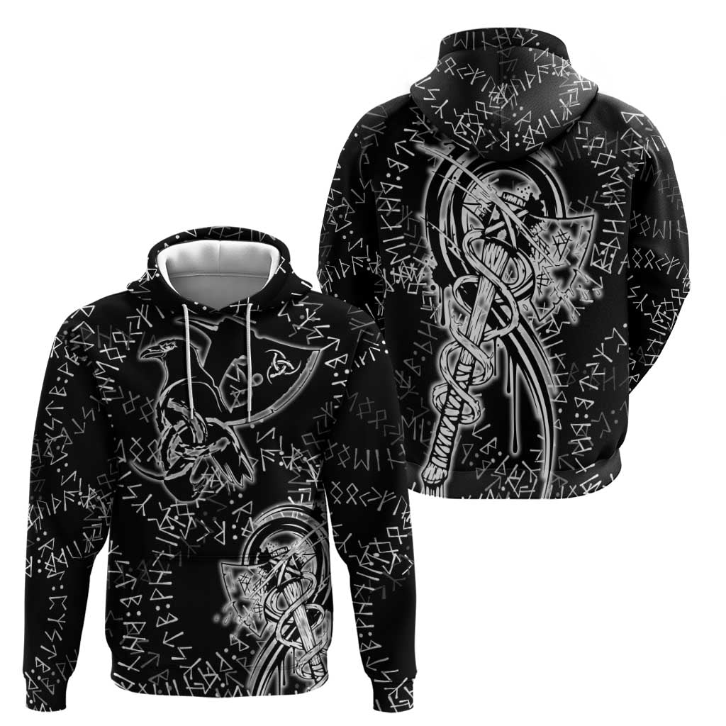 Norse Dragon and Viking Axe Hoodie Monochrome Runic Line Art Illustration
