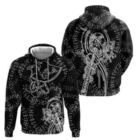 Norse Dragon and Viking Axe Hoodie Monochrome Runic Line Art Illustration