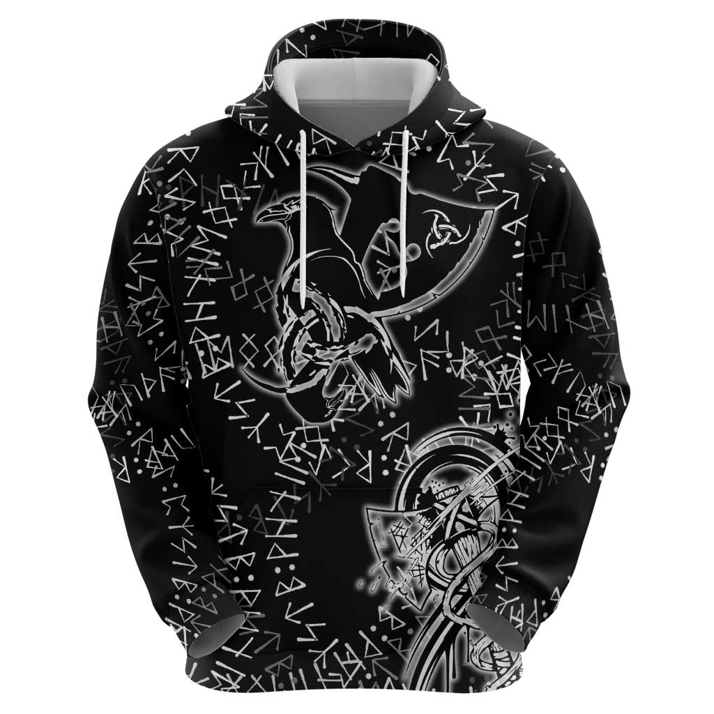 Norse Dragon and Viking Axe Hoodie Monochrome Runic Line Art Illustration
