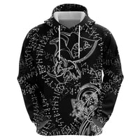 Norse Dragon and Viking Axe Hoodie Monochrome Runic Line Art Illustration