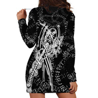 Norse Dragon and Viking Axe Hoodie Dress Monochrome Runic Line Art Illustration