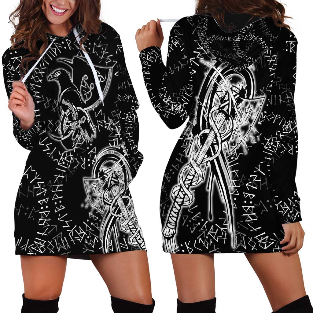 Norse Dragon and Viking Axe Hoodie Dress Monochrome Runic Line Art Illustration