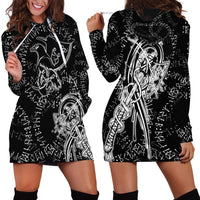 Norse Dragon and Viking Axe Hoodie Dress Monochrome Runic Line Art Illustration
