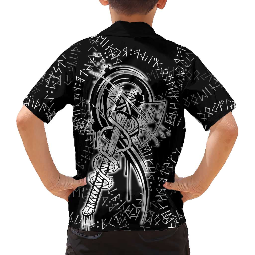 Norse Dragon and Viking Axe Kid Hawaiian Shirt Monochrome Runic Line Art Illustration