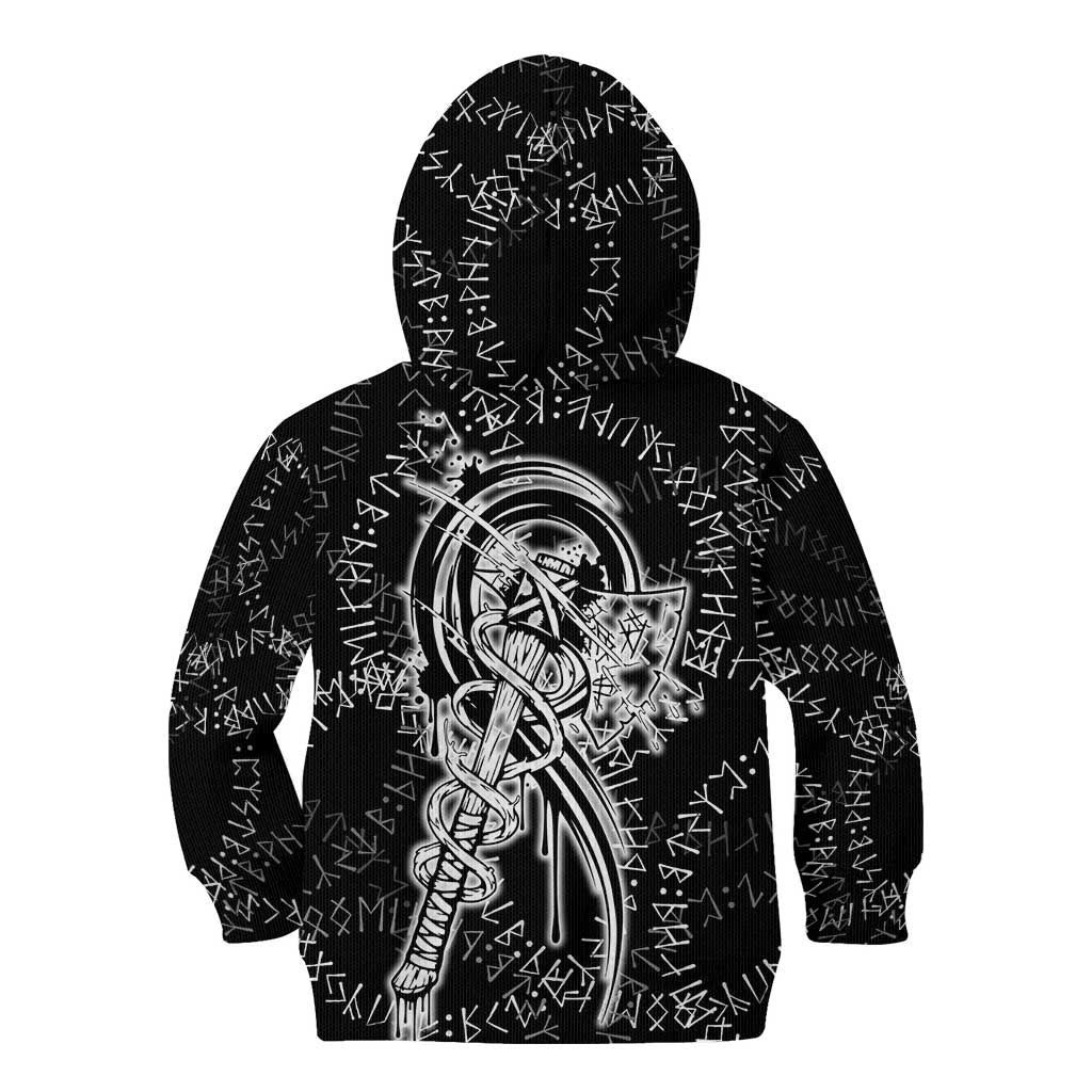 Norse Dragon and Viking Axe Kid Hoodie Monochrome Runic Line Art Illustration