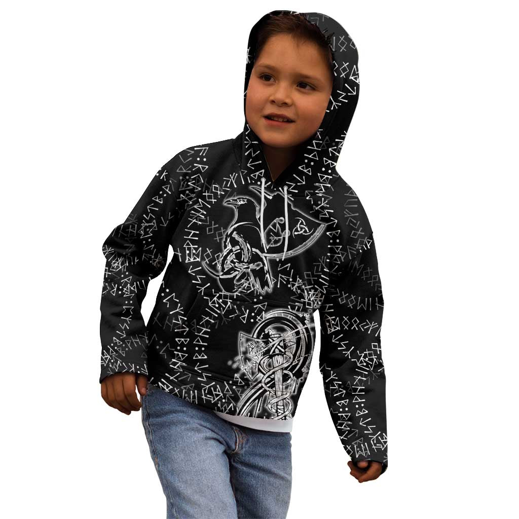 Norse Dragon and Viking Axe Kid Hoodie Monochrome Runic Line Art Illustration