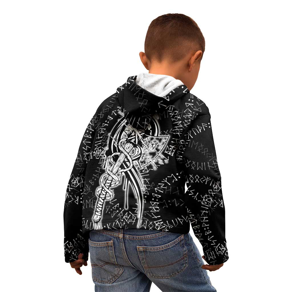 Norse Dragon and Viking Axe Kid Hoodie Monochrome Runic Line Art Illustration
