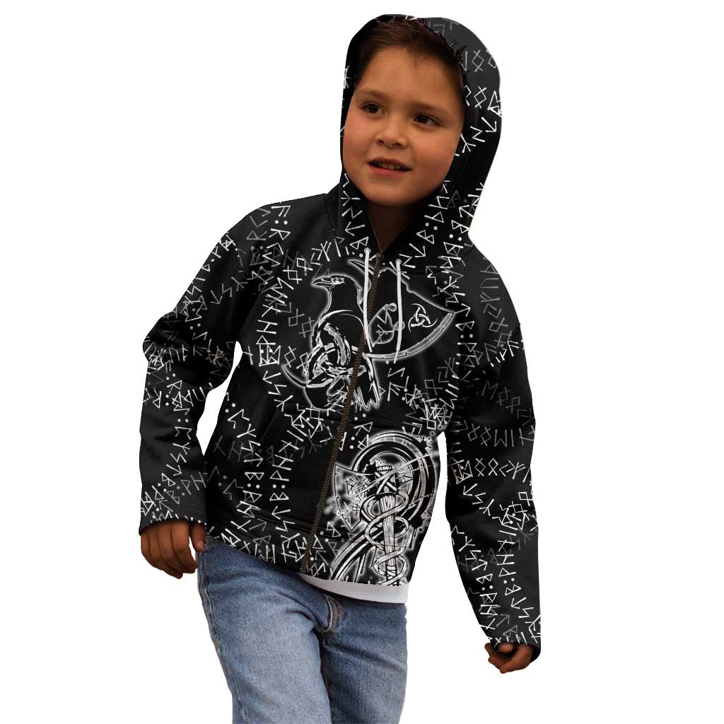 Norse Dragon and Viking Axe Kid Hoodie Monochrome Runic Line Art Illustration