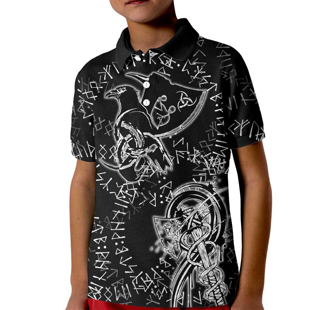 Norse Dragon and Viking Axe Kid Polo Shirt Monochrome Runic Line Art Illustration