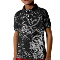 Norse Dragon and Viking Axe Kid Polo Shirt Monochrome Runic Line Art Illustration