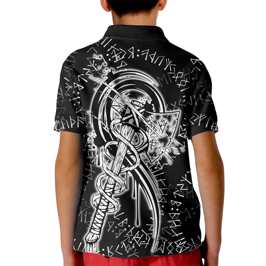 Norse Dragon and Viking Axe Kid Polo Shirt Monochrome Runic Line Art Illustration
