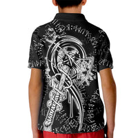 Norse Dragon and Viking Axe Kid Polo Shirt Monochrome Runic Line Art Illustration