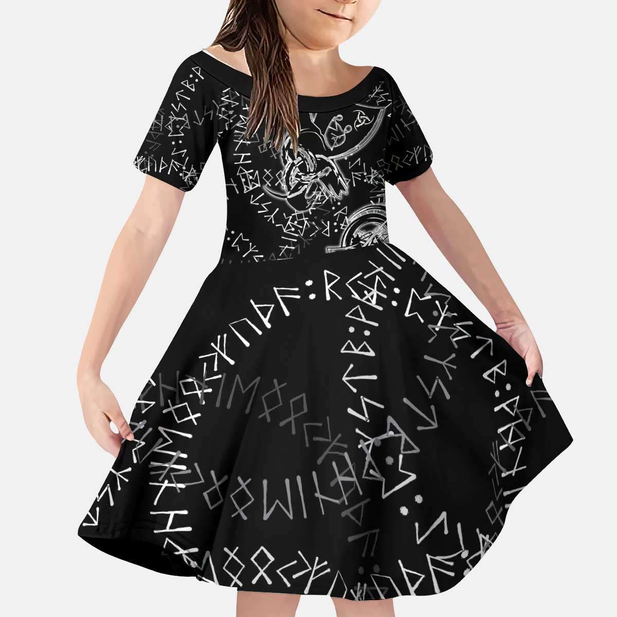 Norse Dragon and Viking Axe Kid Short Sleeve Dress Monochrome Runic Line Art Illustration