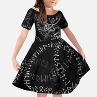 Norse Dragon and Viking Axe Kid Short Sleeve Dress Monochrome Runic Line Art Illustration