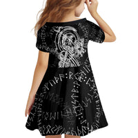 Norse Dragon and Viking Axe Kid Short Sleeve Dress Monochrome Runic Line Art Illustration